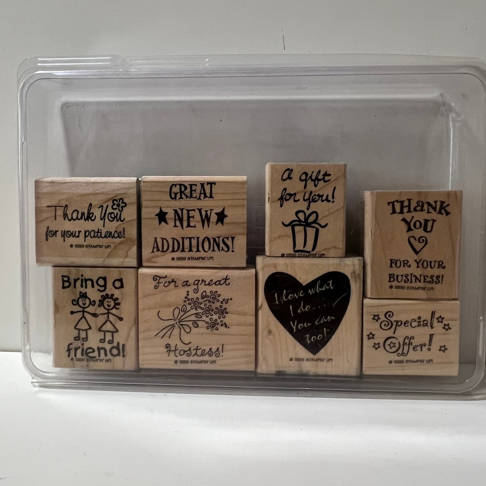 Stampin Up 1999 Business Memo Vintage Wood Mount Rubber Stamp Set 8pc Gratitude